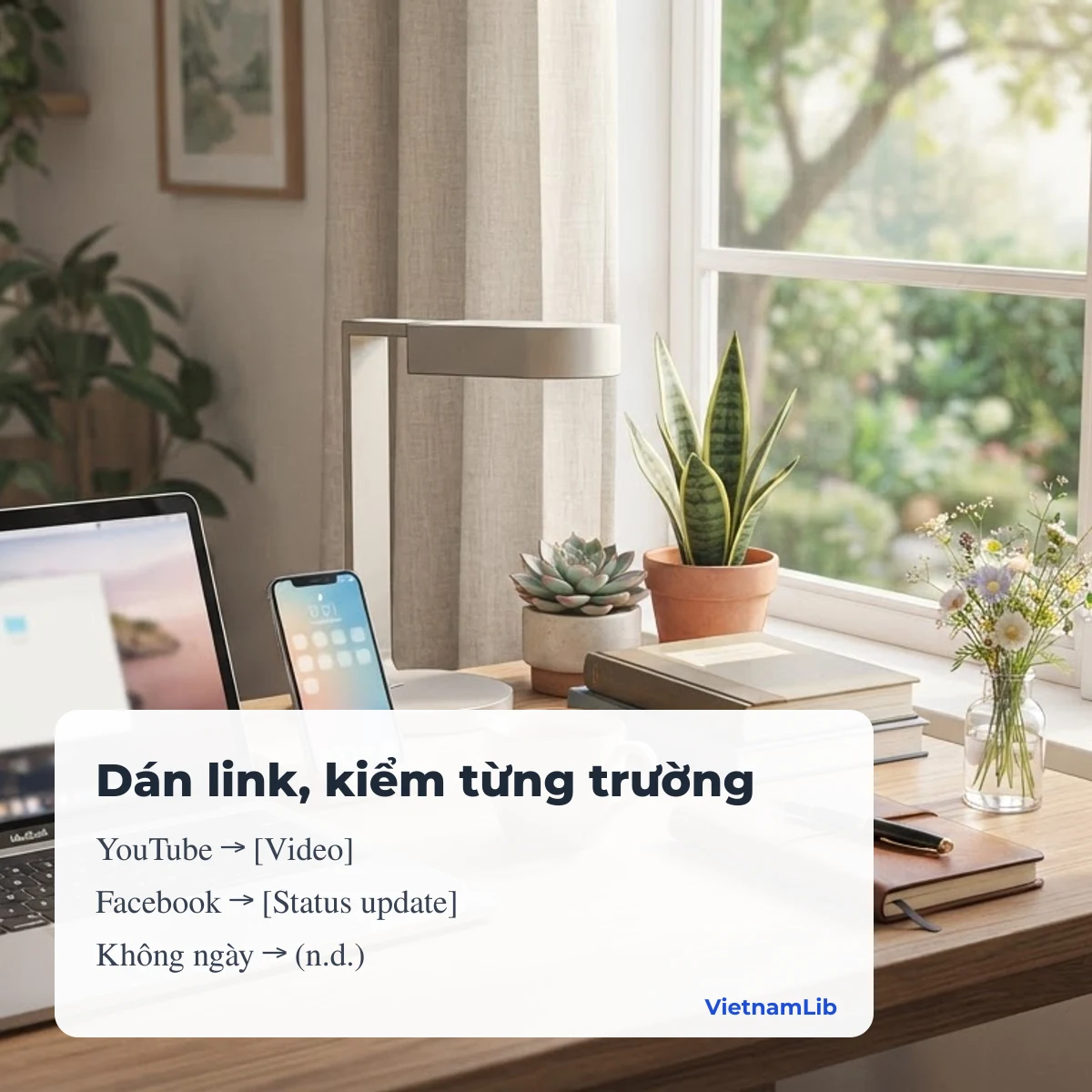 Dán link vào công cụ VietnamLib để gợi ý tên website, chọn loại video hoặc Facebook