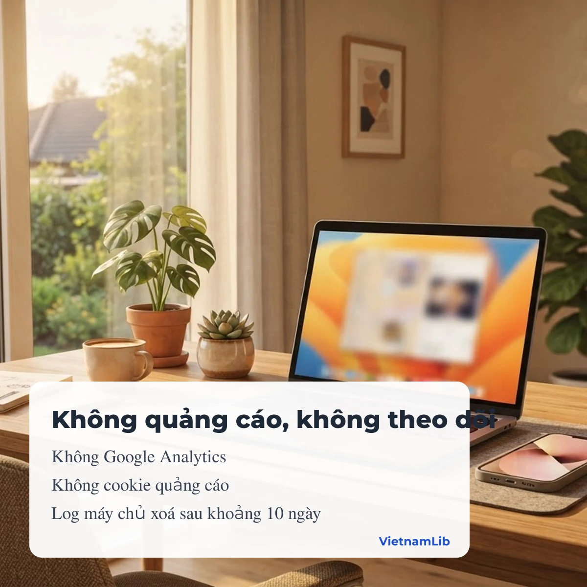 VietnamLib không quảng cáo, không Google Analytics, log máy chủ xoá sau khoảng 10 ngày